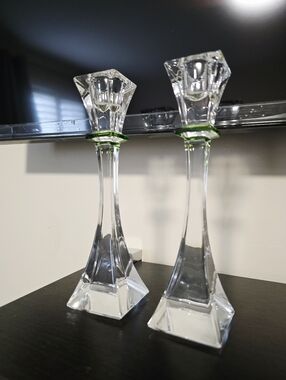 Nachtmann Tall 8" Crystal Glass Candlestick Pair with Subtle Green Accent New